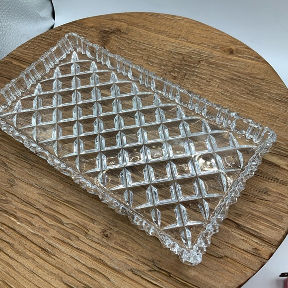 Cut Glass Rectangular Vintage Geometric Patterns Scallop Edge Tray - Picture 1 of 7